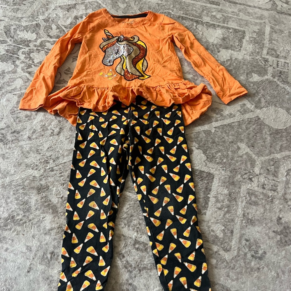 Orange Unicorn Sequin Top and Candy Corn Leggings Set